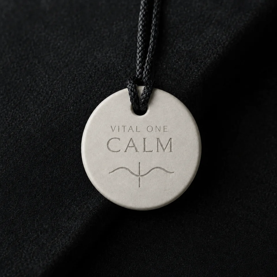 VITAL ONE CALM one-of-one energy amulet on black fabric
