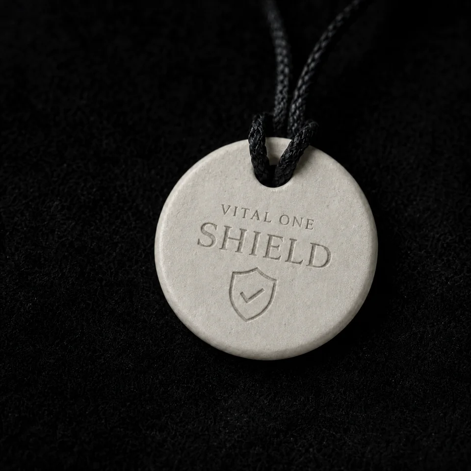 VITAL ONE SHIELD one-of-one energy amulet on black fabric